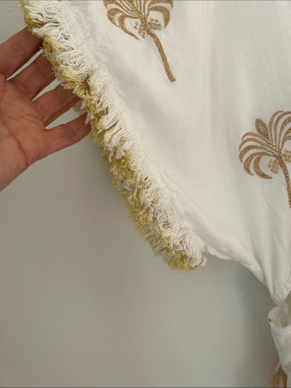 Z&L Europe White Palm Embroidered Midi Dress Boho Resort Fringe Sleeve - Picture 4 of 8